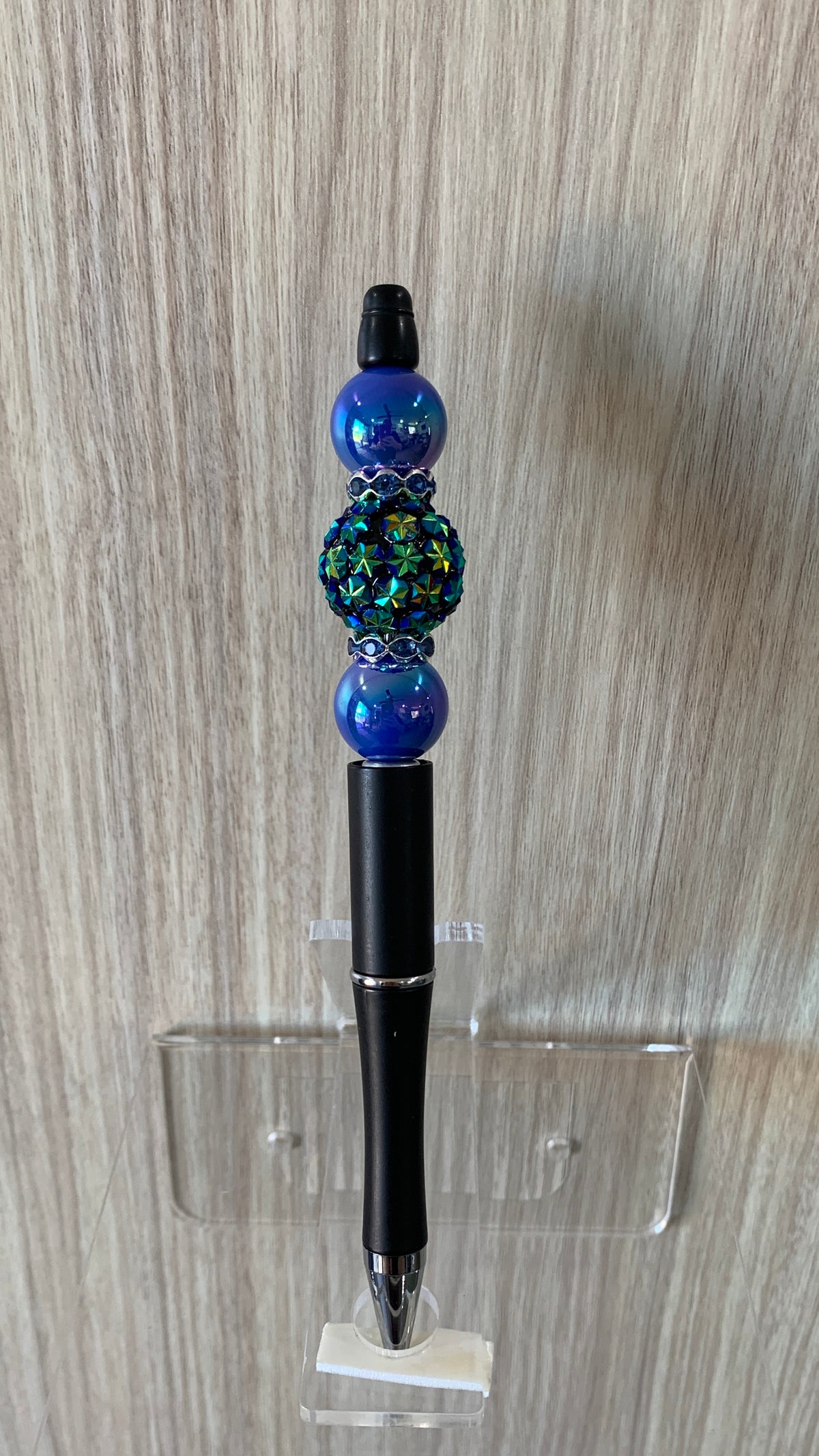 Handmade Cloisonne Floral Beaded Pen - Matte Black & Cobalt Blue
