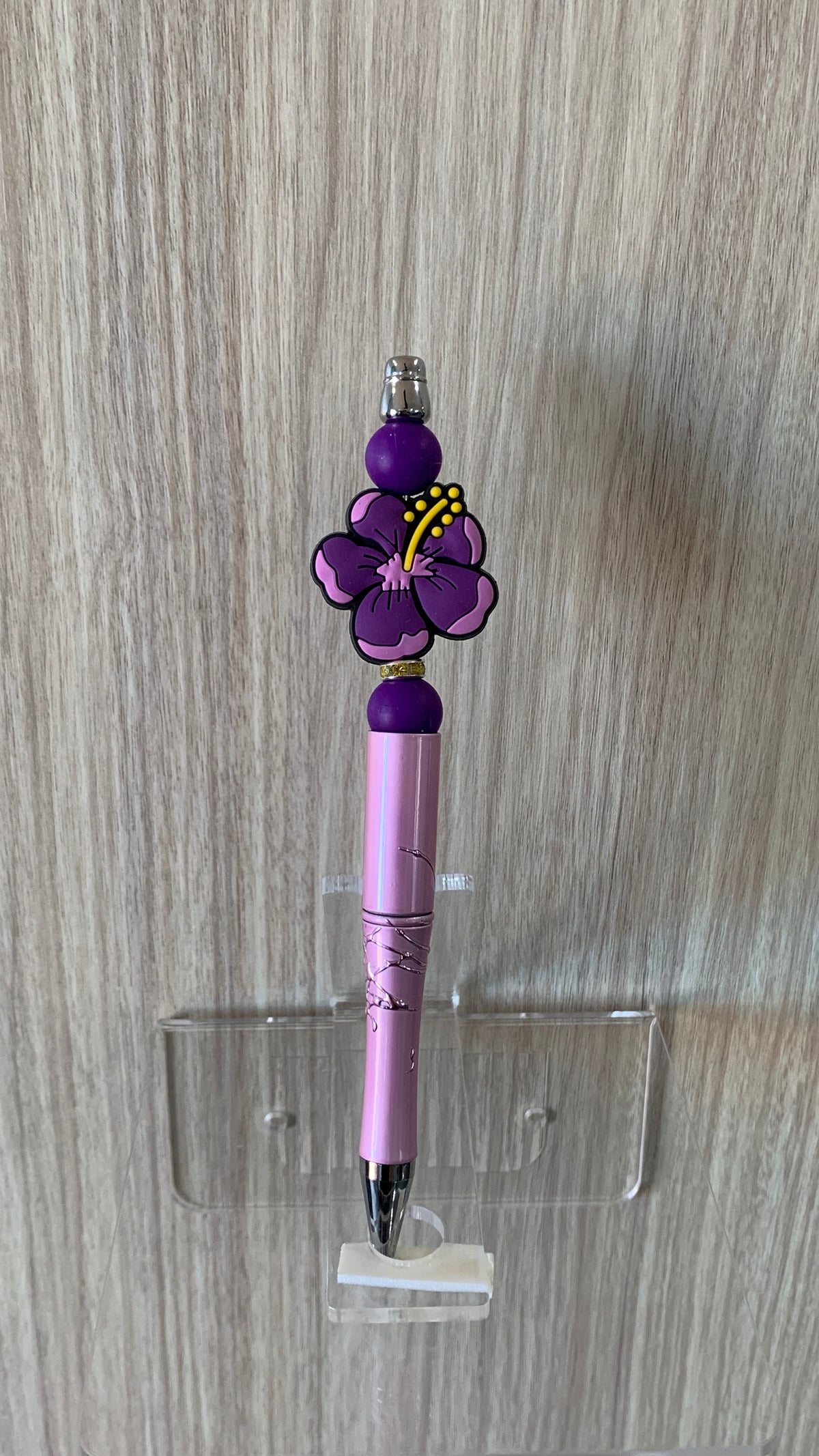 Handmade Hibiscus Flower Beaded Pen - Lavender & Deep Purple