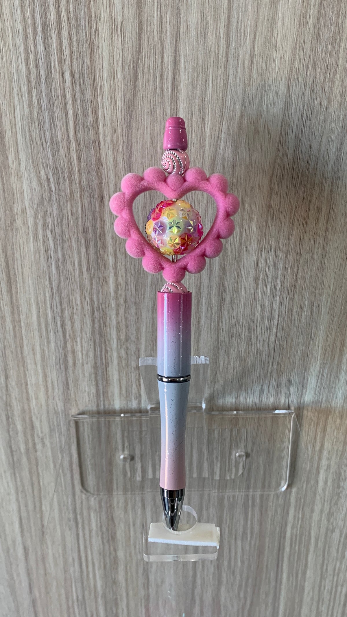 Handmade Open Heart Galaxy Rhinestone Beaded Pen - Pink Ombre