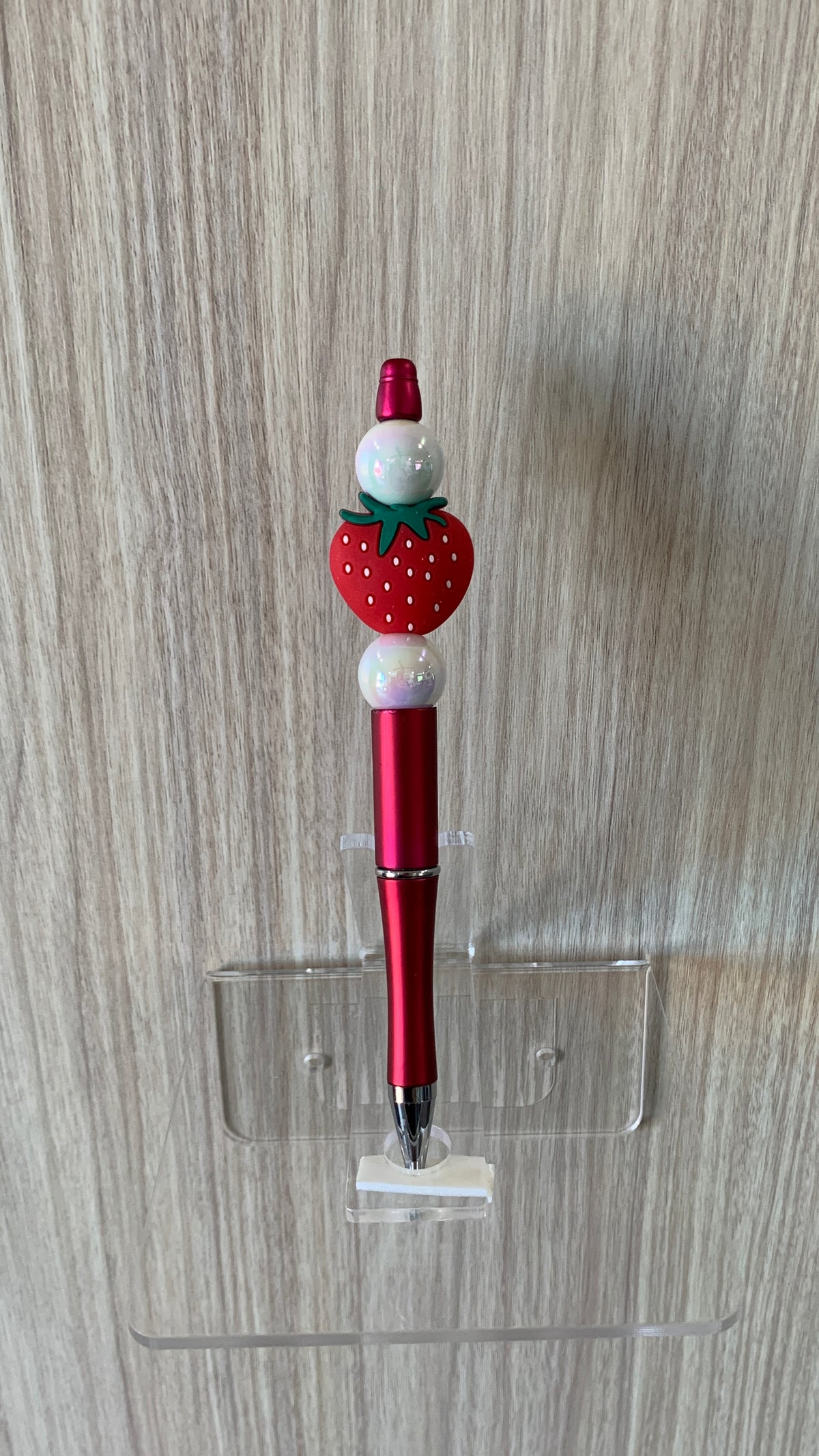 Handmade Strawberry Charm Beaded Pen - Red & White Pearl