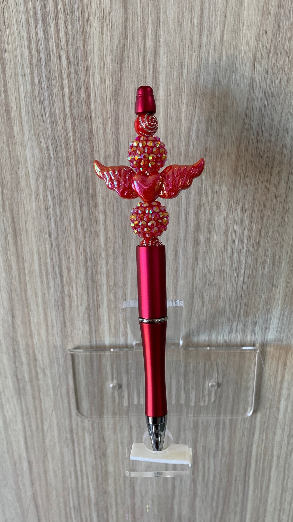 Handmade Angel Wings & Rhinestone Beaded Pen - Burgundy & Pink