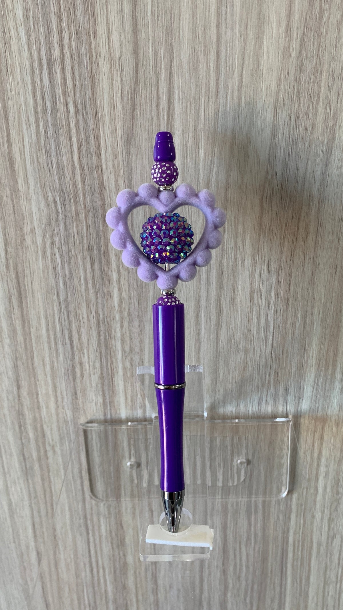 Handmade Open Heart Rhinestone Beaded Pen - Deep Purple & White