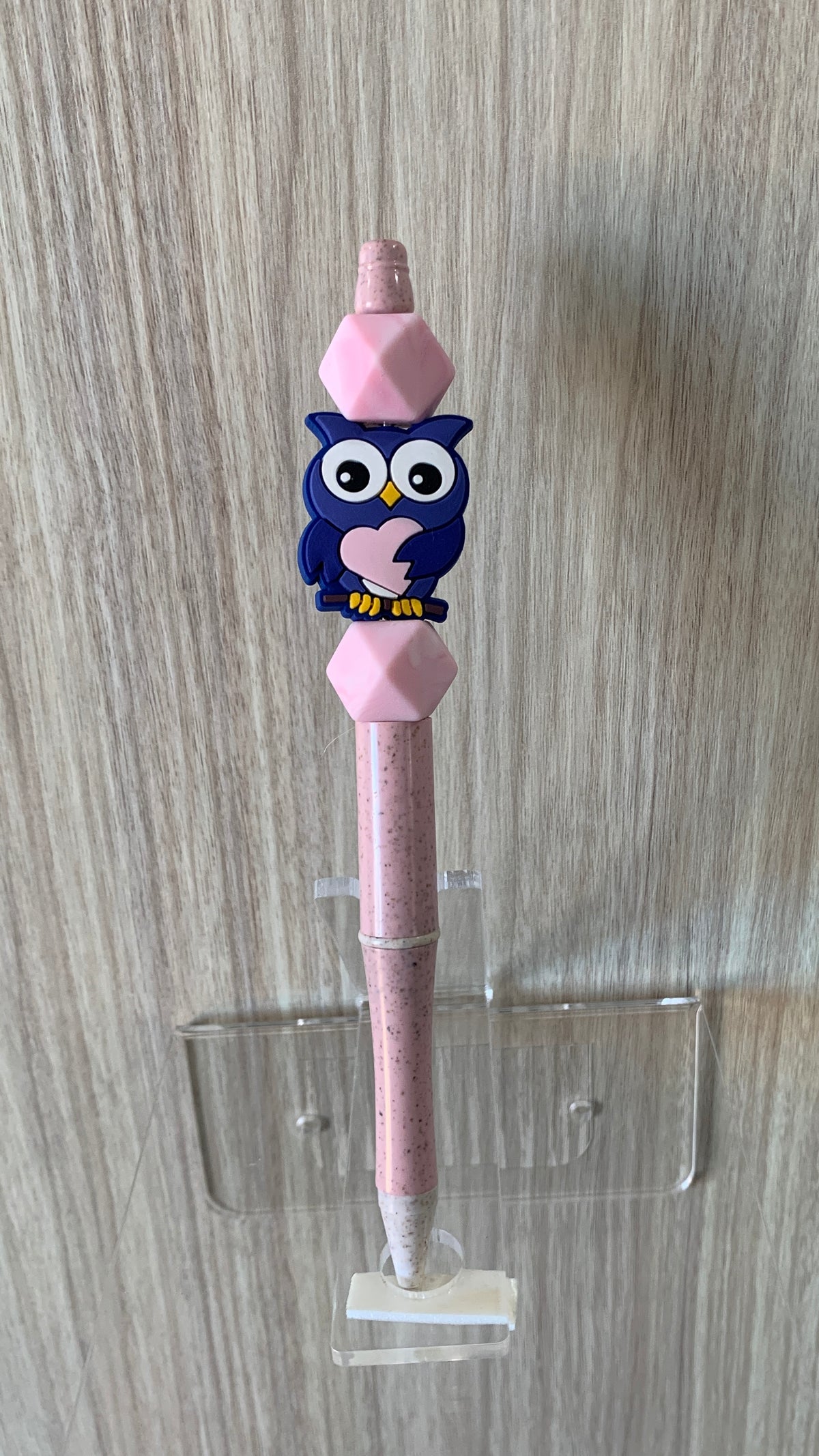 Handmade Kawaii Owl Charm Beaded Pen - Blush Pink & Navy