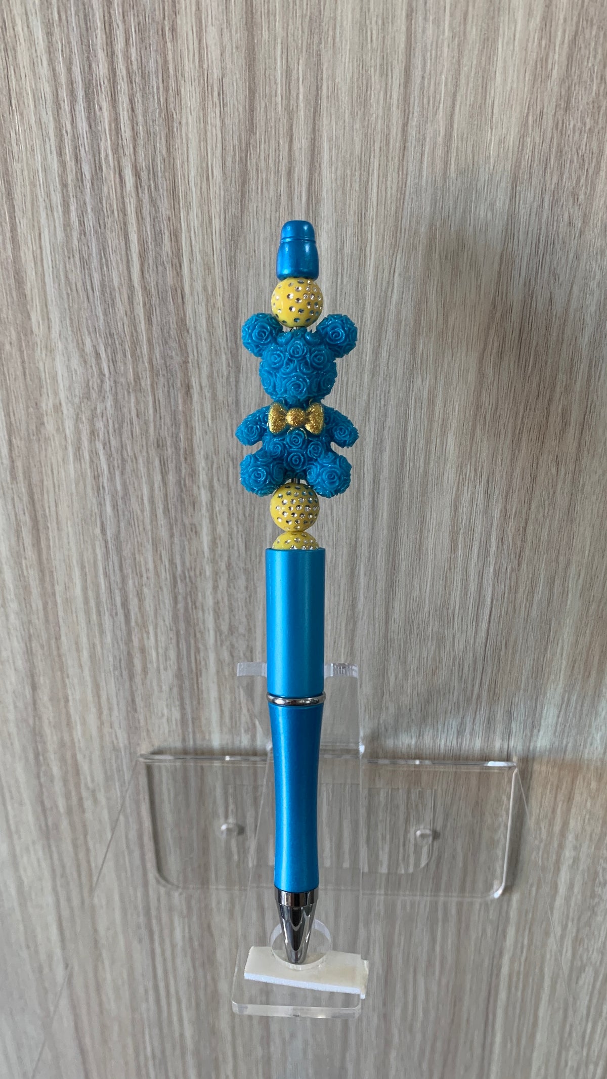 Handmade Rose Bear Beaded Pen – Teal & Gold
