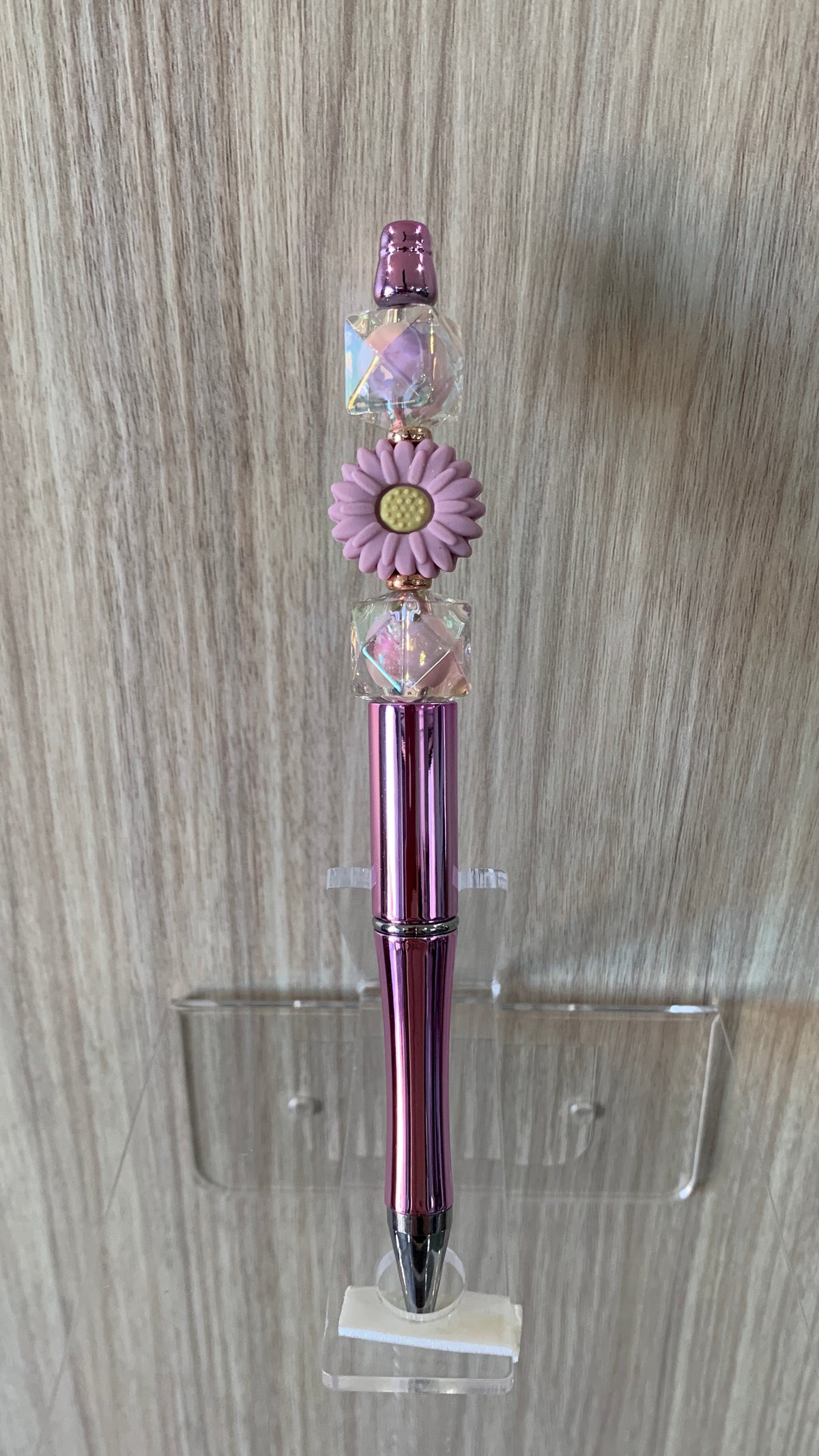 Beaded Pen - Metallic Purple Pink Daisy Flower Bead Iridescent Clear Cube Beads