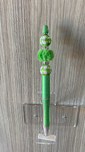 Beaded Pen - Mint Green Gingham Beads Fluffy Green Pom Pom Bead