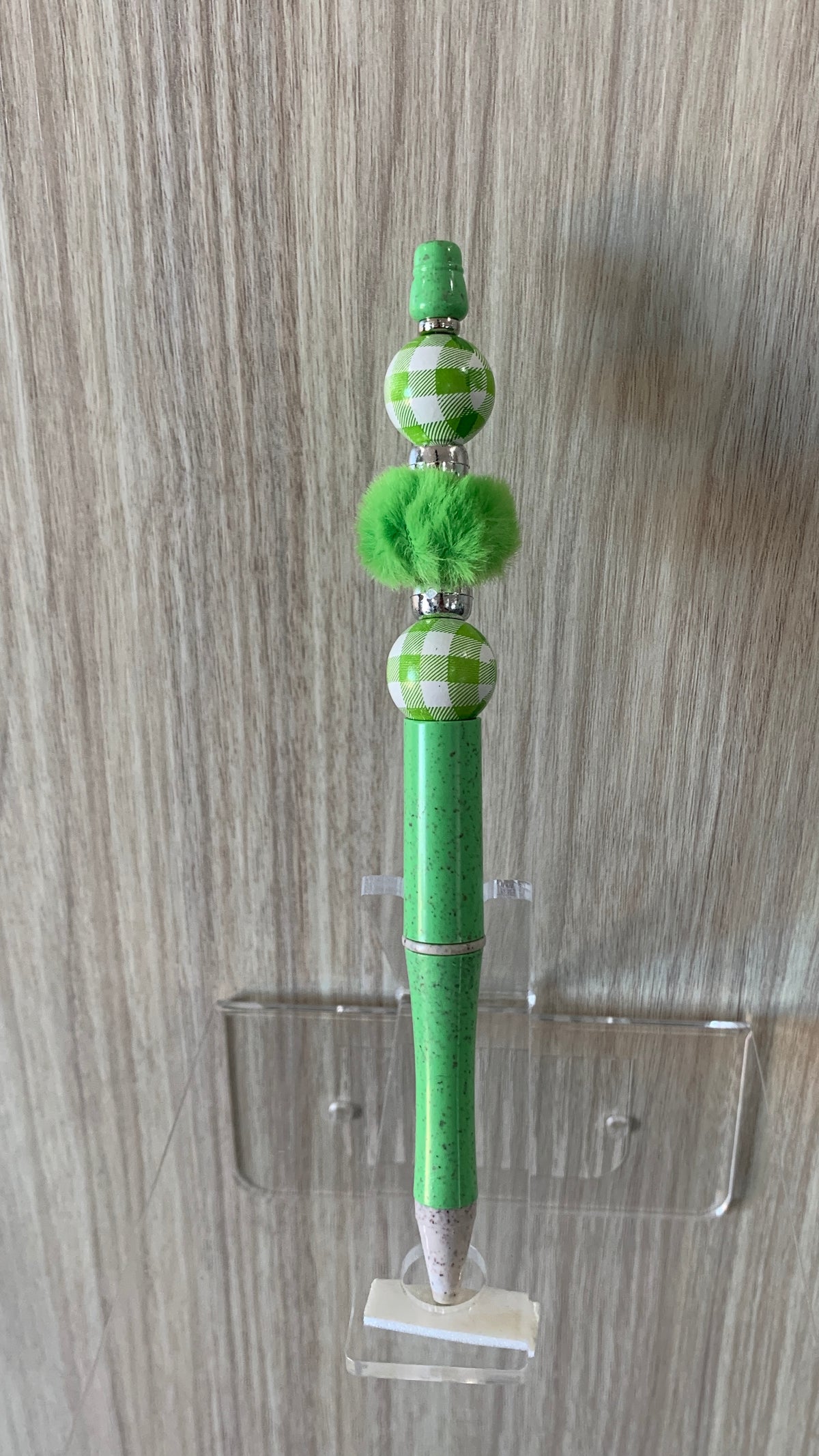 Beaded Pen - Mint Green Gingham Beads Fluffy Green Pom Pom Bead