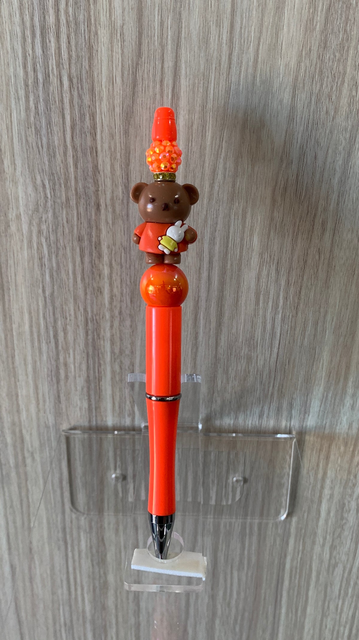 Beaded Pen - Coral Orange Teddy Bear Charm Holding Bunny Rhinestone Pumpkin Ball Beads