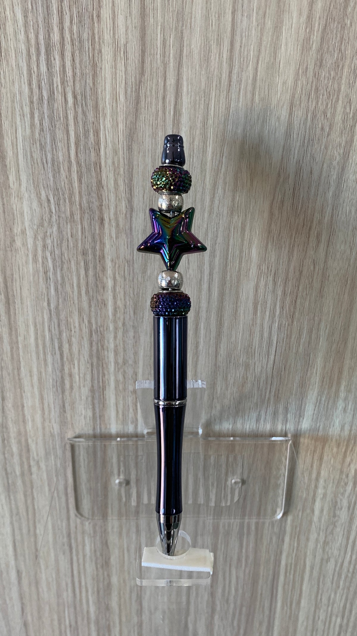 Beaded Pen - Navy Blue Iridescent Holographic Star Bead Silver Pearl Beads Spiral Bead