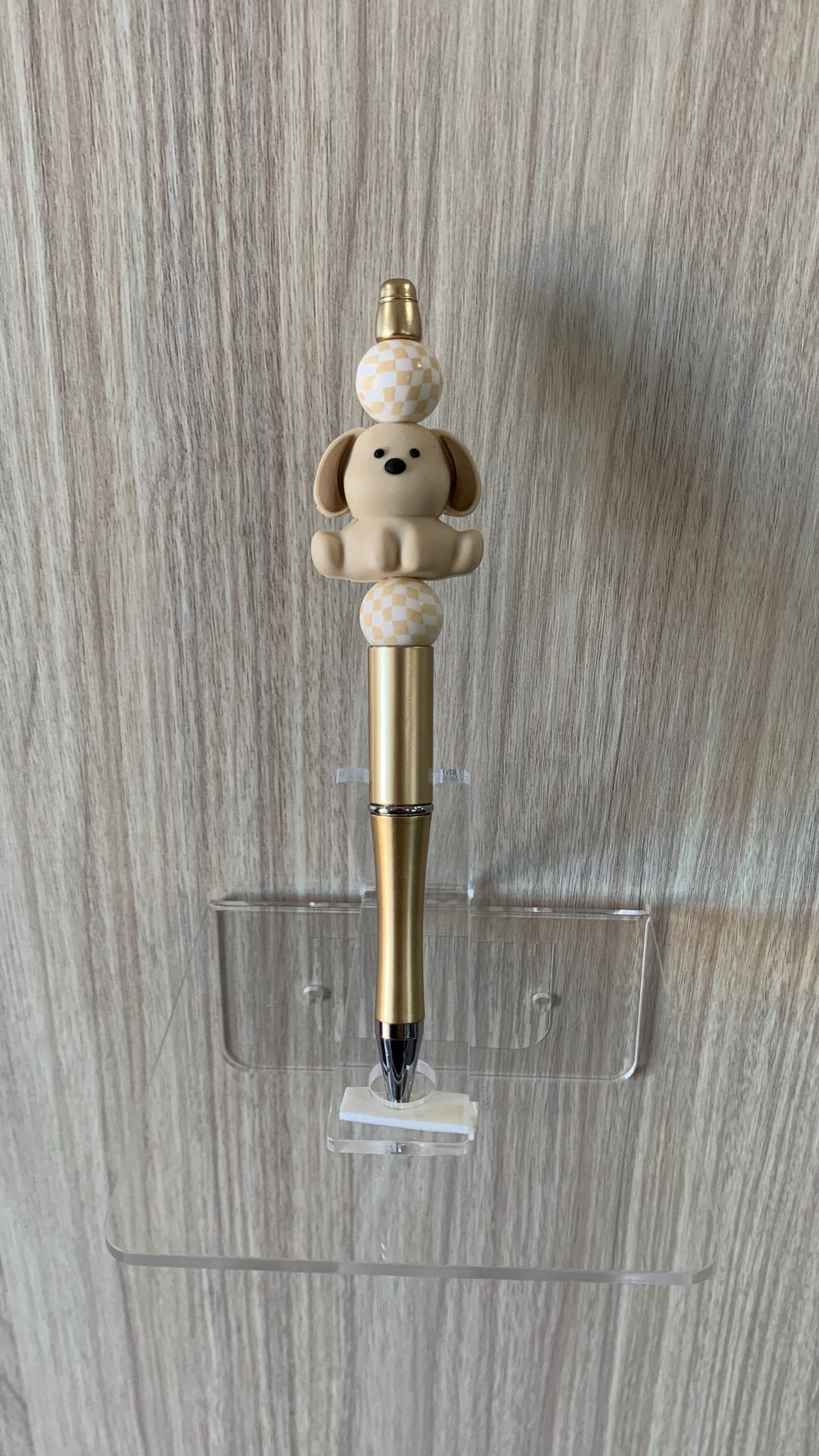 Handmade Puppy Charm Beaded Pen – Gold & Checkerboard