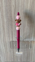 Beaded Pen - Berry Glitter Teddy Bear Charm Holding Bunny Soft Pink Ball Beads