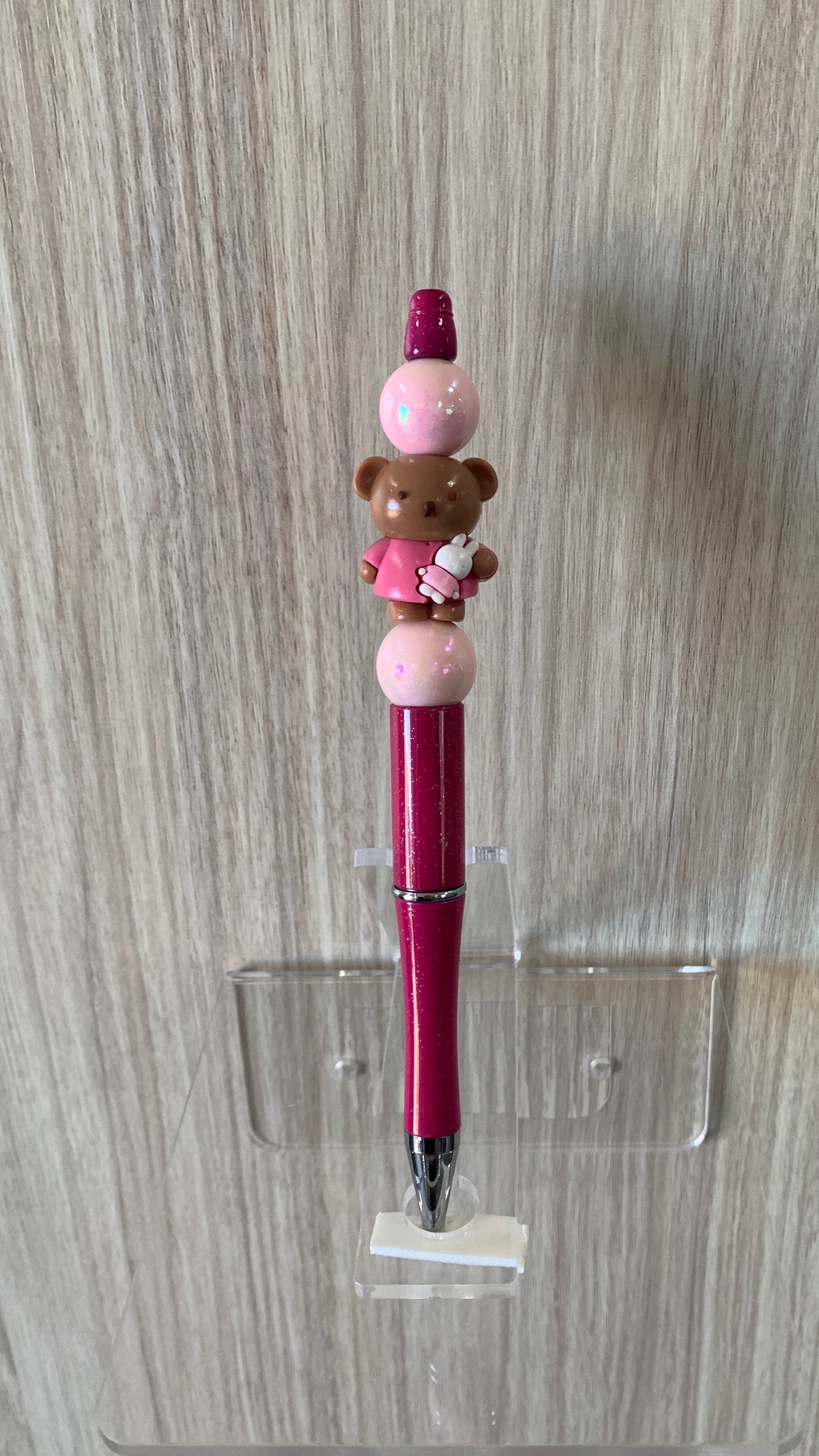 Beaded Pen - Berry Glitter Teddy Bear Charm Holding Bunny Soft Pink Ball Beads