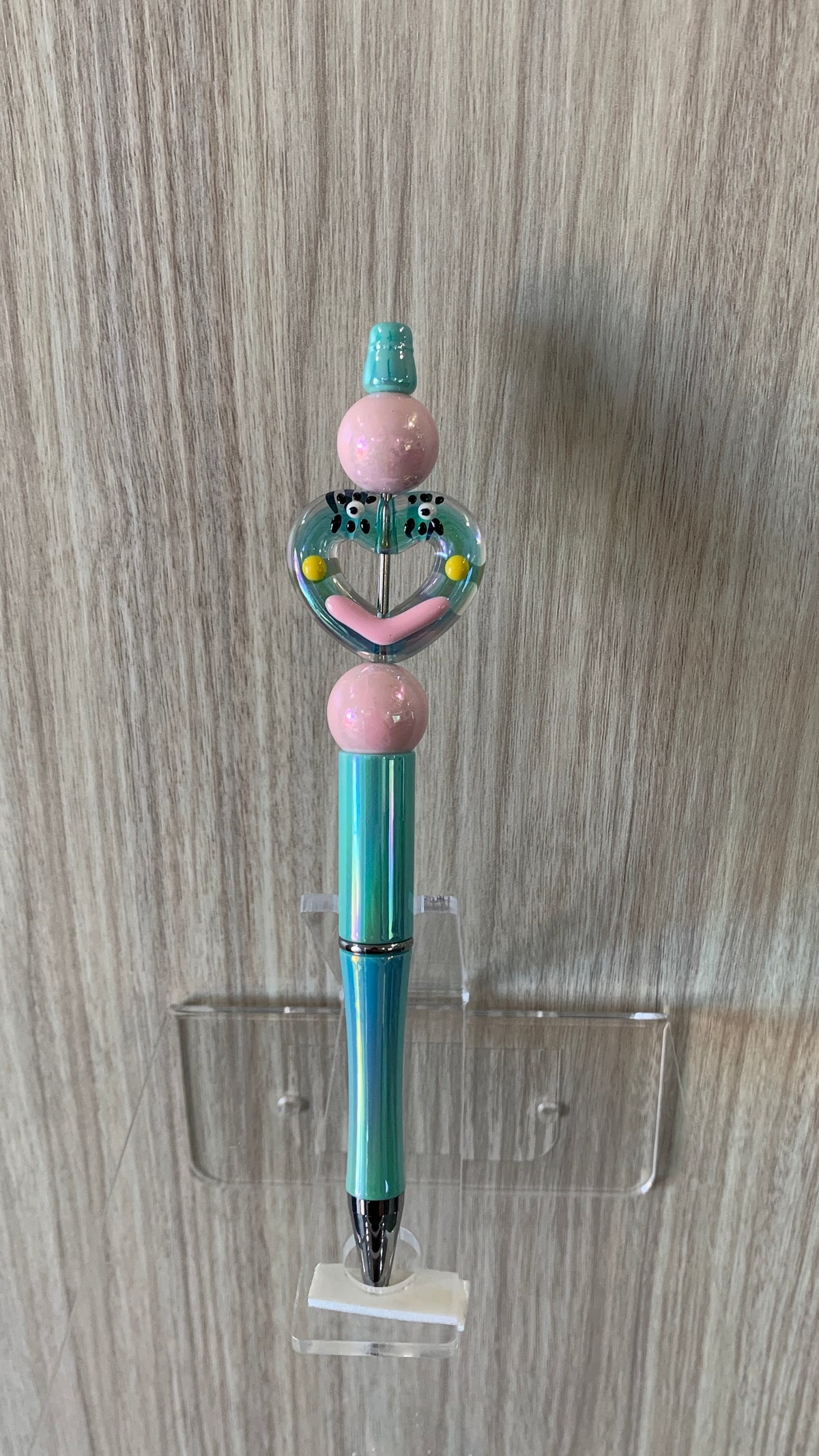Beaded Pen - Teal Clear Heart Panda Daisy Bead Soft Pink Ball Beads
