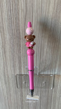 Beaded Pen - Pink Teddy Bear Charm Holding Bunny Pink Ball Beads