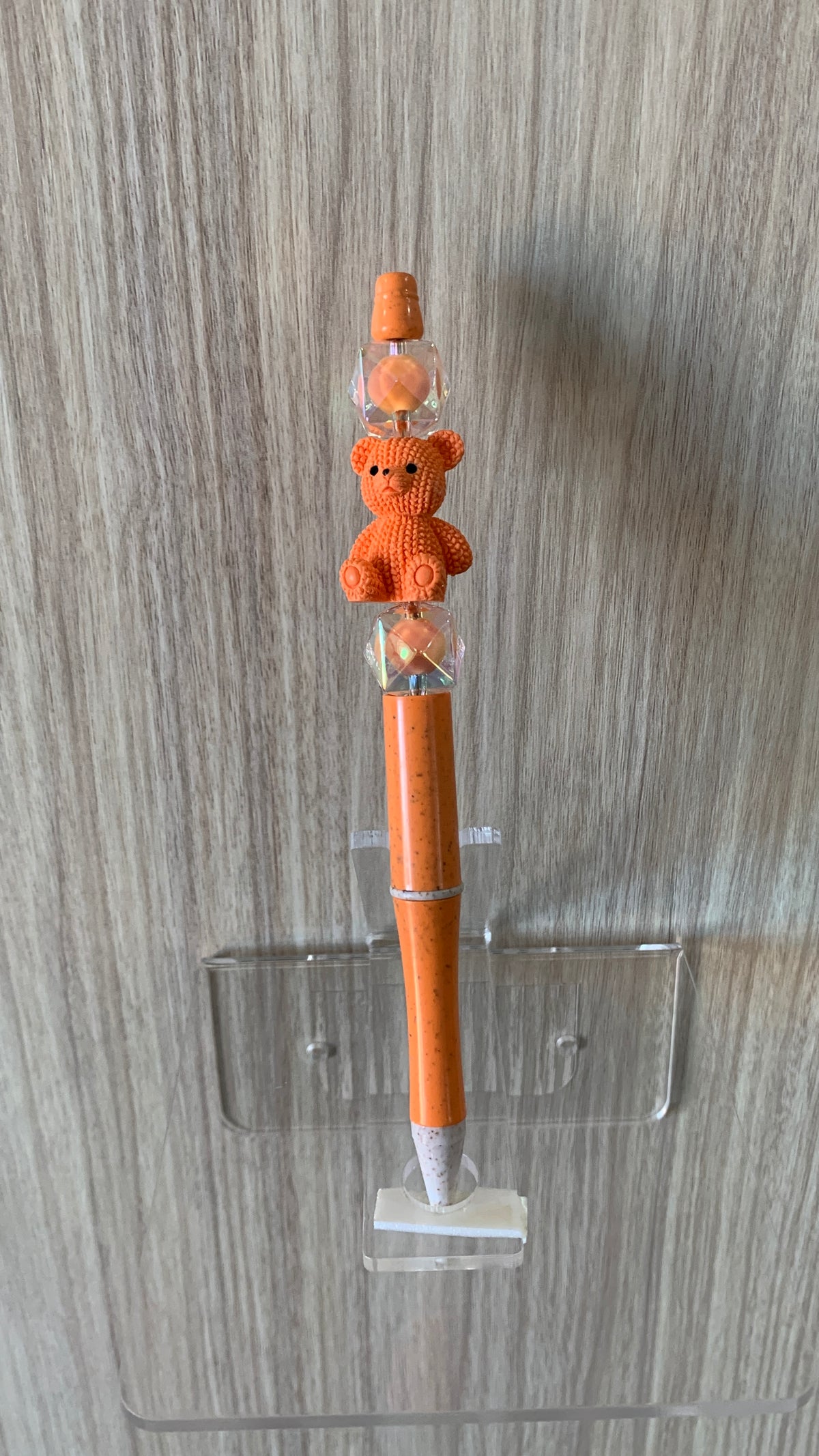 Beaded Pen - Terracotta Coral Teddy Bear Charm Clear Iridescent Diamond Beads