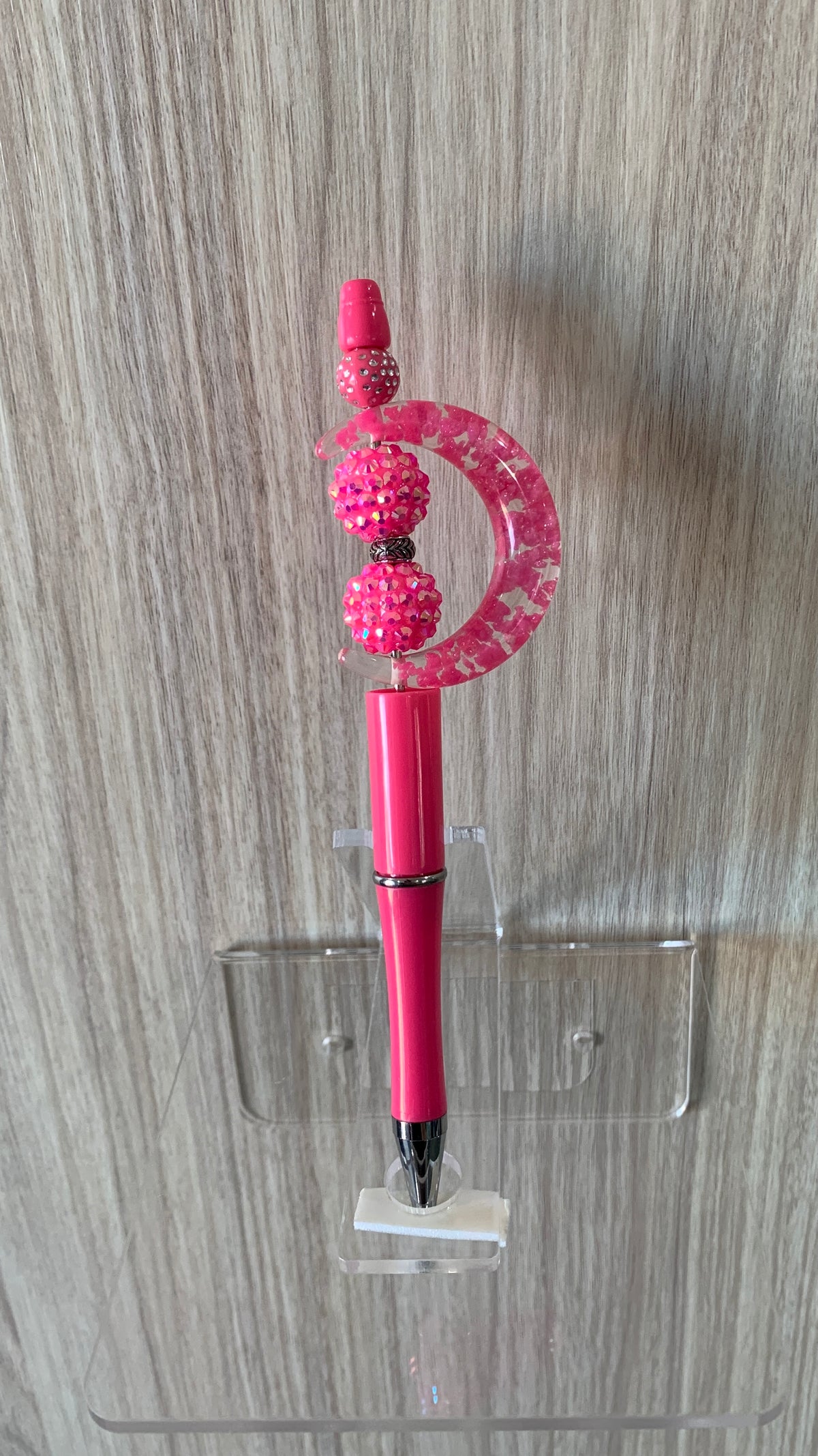 Handmade Crescent Moon & Pink Rhinestone Beaded Pen - Hot Pink