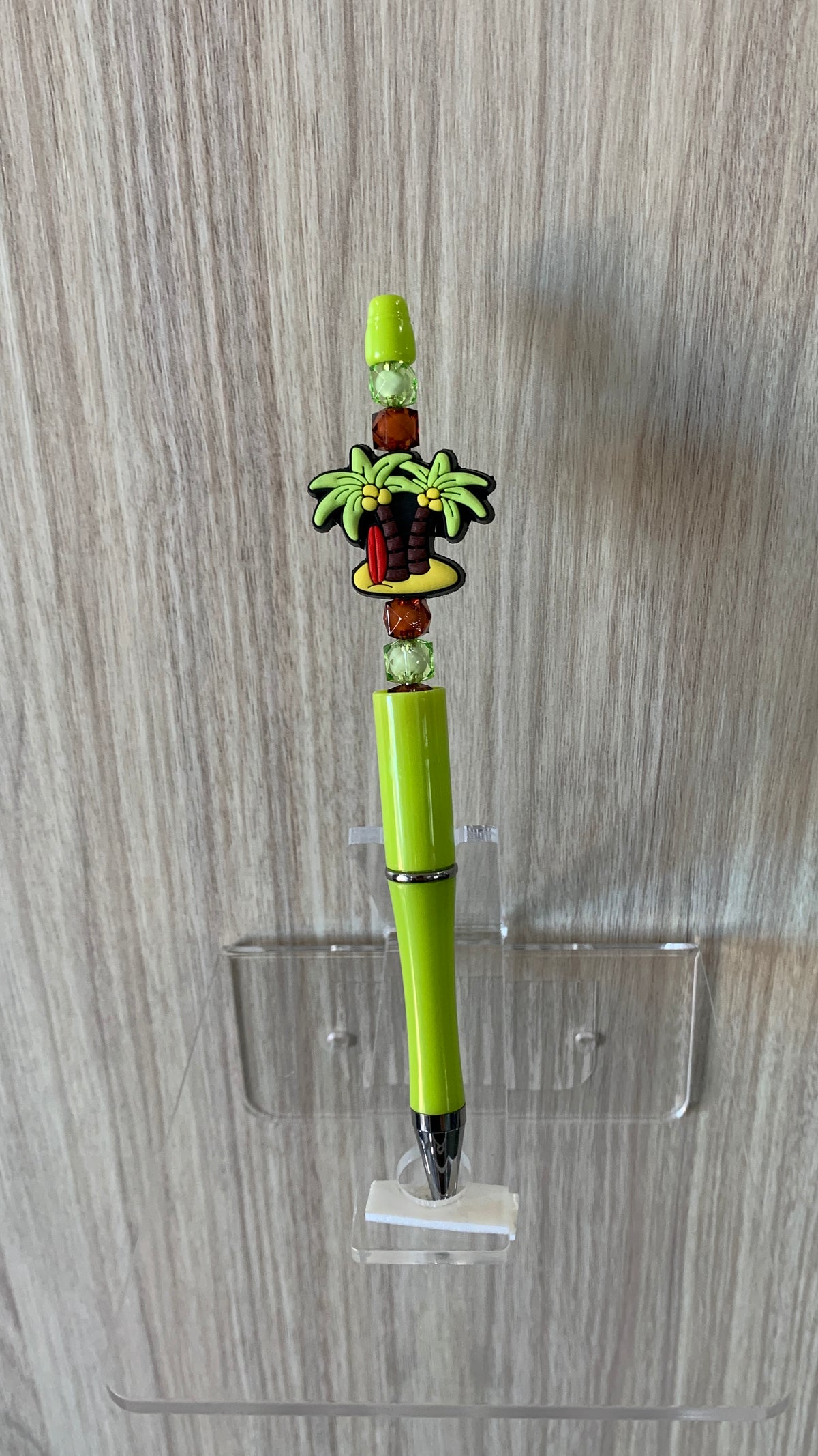 Beaded Pen - Lime Green Tropical Palm Tree Surfboard Charm Brown Hex Green Cube Beads