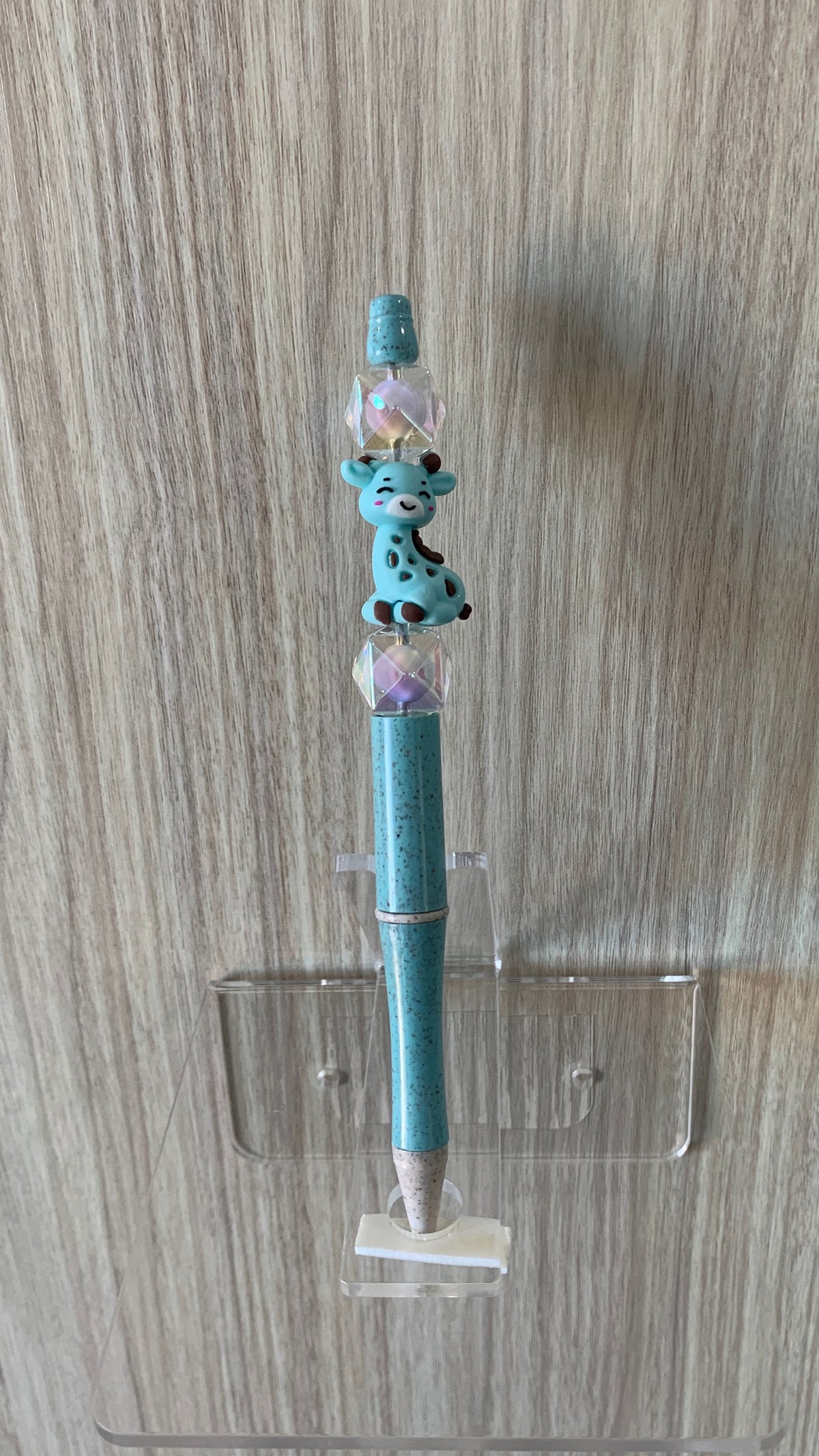 Beaded Pen - Teal Speckled Giraffe Charm Clear Iridescent Diamond Crystal Beads