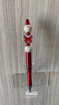 Beaded Pen - Metallic Red Coral Butterfly Charm White Floral Ball Beads Dark Red Beads