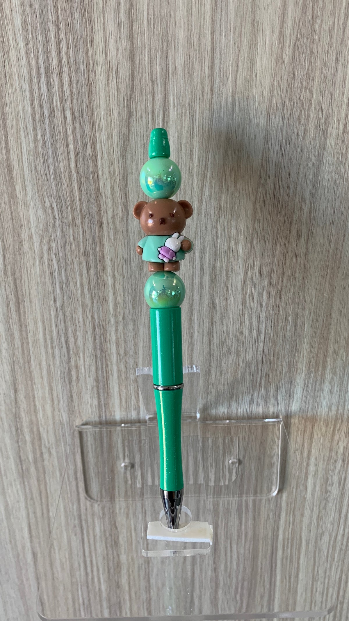 Beaded Pen - Teal Teddy Bear Charm Holding Bunny Shiny Teal Ball Beads