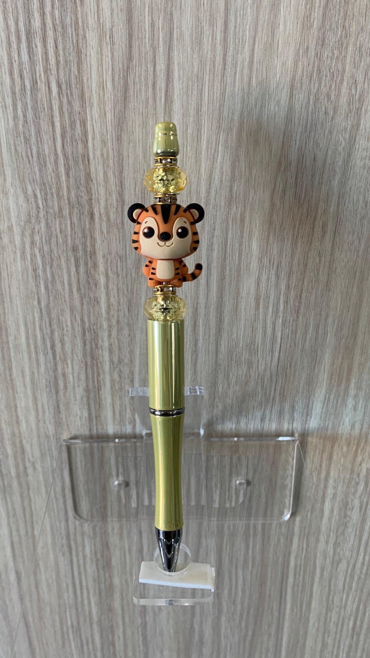 Beaded Pen - Gold Kawaii Tiger Charm Amber Crystal Bead Gold Filigree Ring Bead
