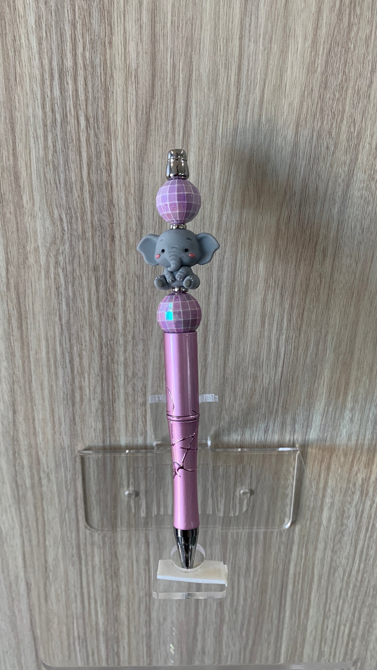 Beaded Pen - Pink Baby Elephant Charm Pink Disco Ball Beads