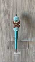 Beaded Pen - Teal Highland Cow Charm Mint Bow Fluffy Teal Pom Pom Beads