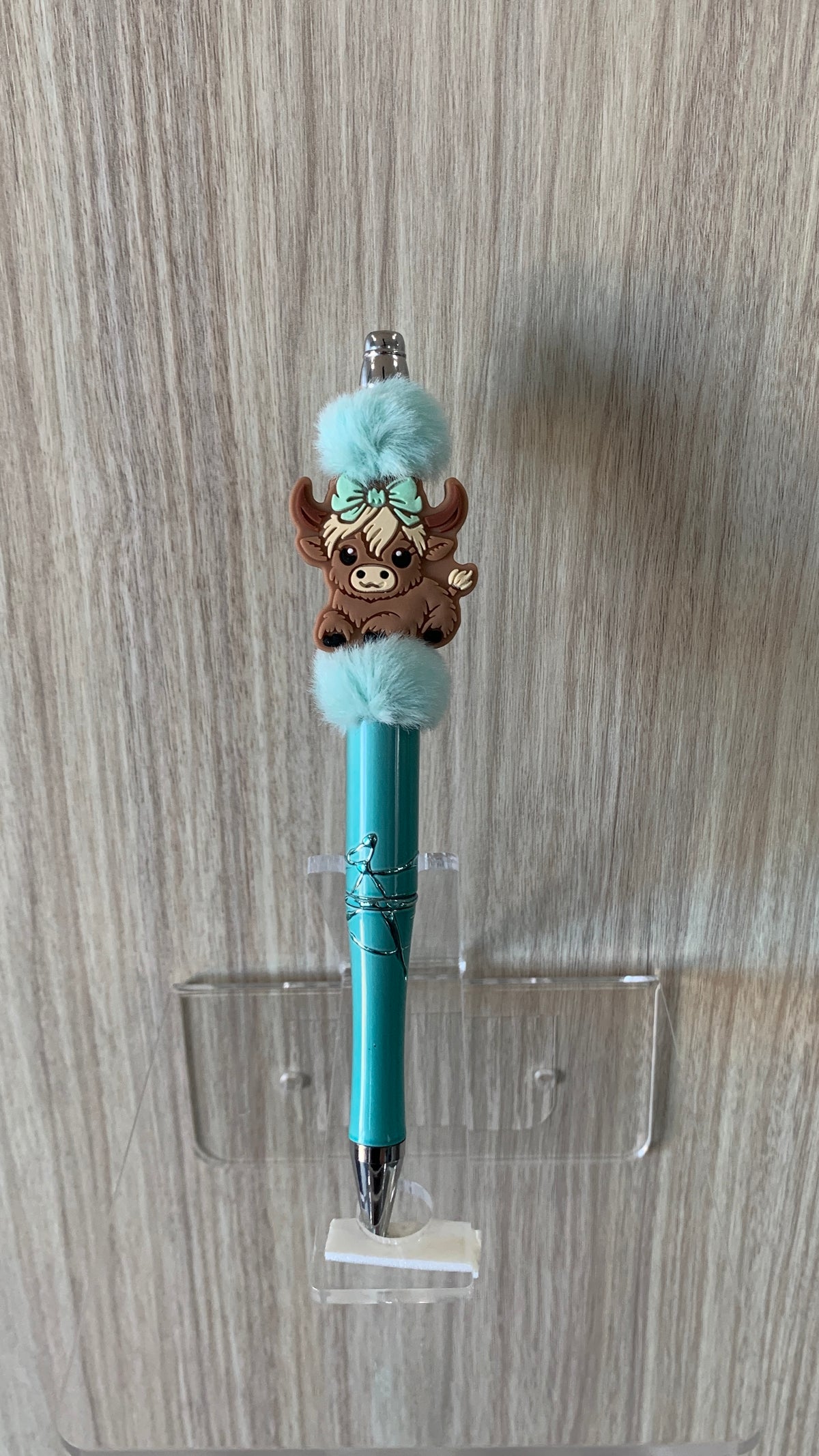 Beaded Pen - Teal Highland Cow Charm Mint Bow Fluffy Teal Pom Pom Beads