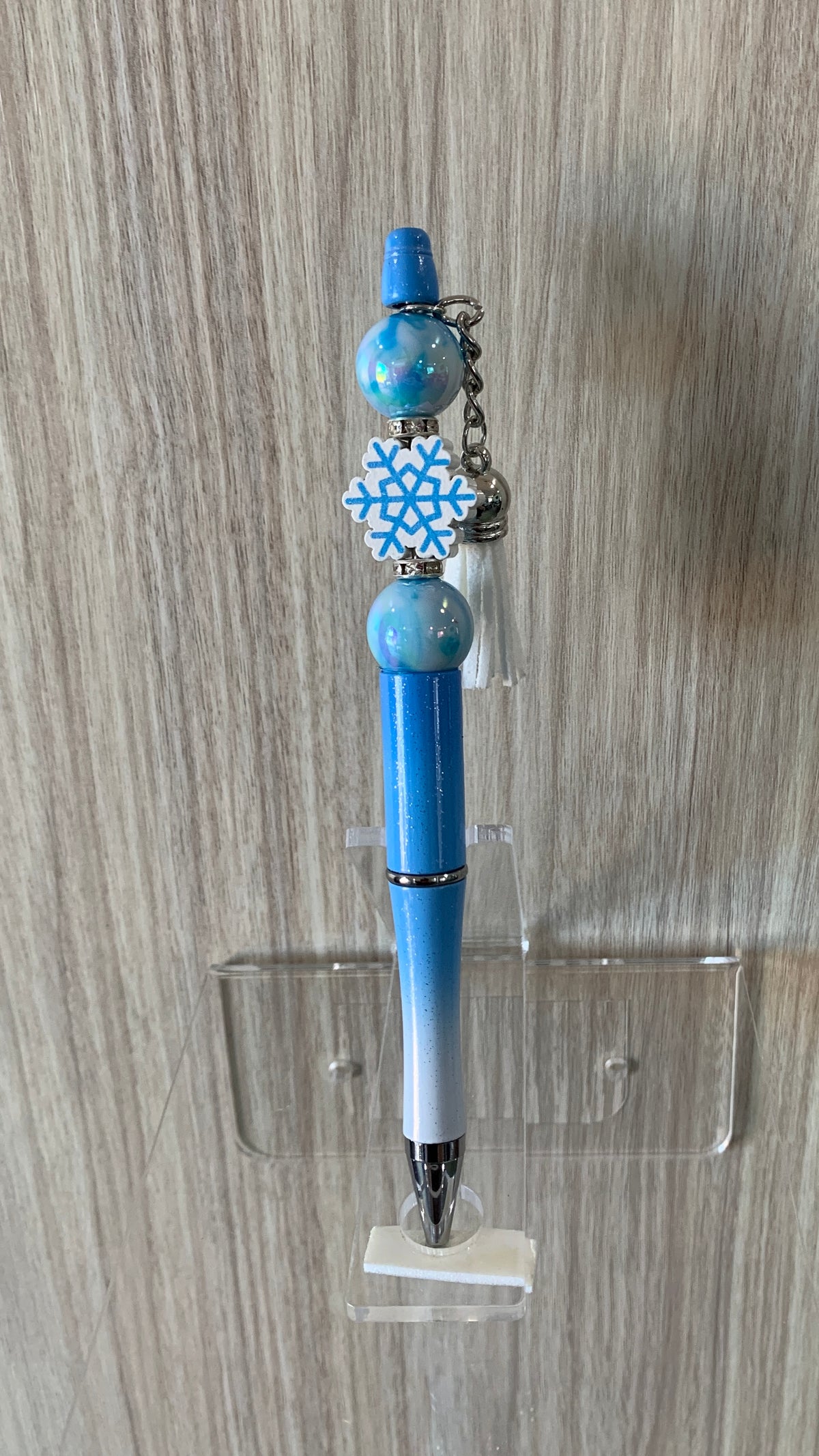 Beaded Pen - Sky Blue Ombre Snowflake Bead Blue Marble Ball Beads White Tassel Charm