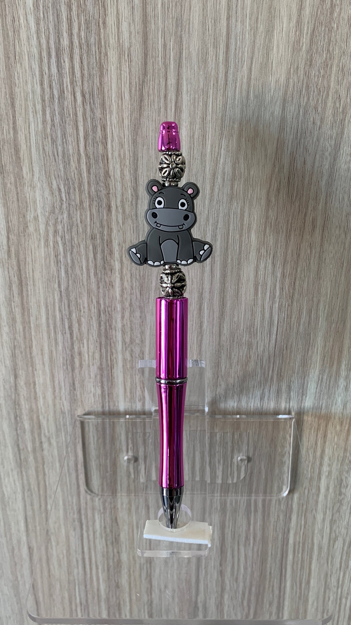 Beaded Pen - Metallic Purple Hippo Charm Silver Daisy Flower Beads