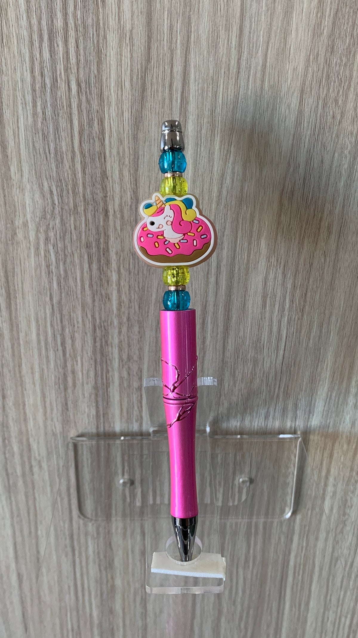 Beaded Pen - Hot Pink Unicorn Donut Charm Yellow Green Teal Faceted Beads