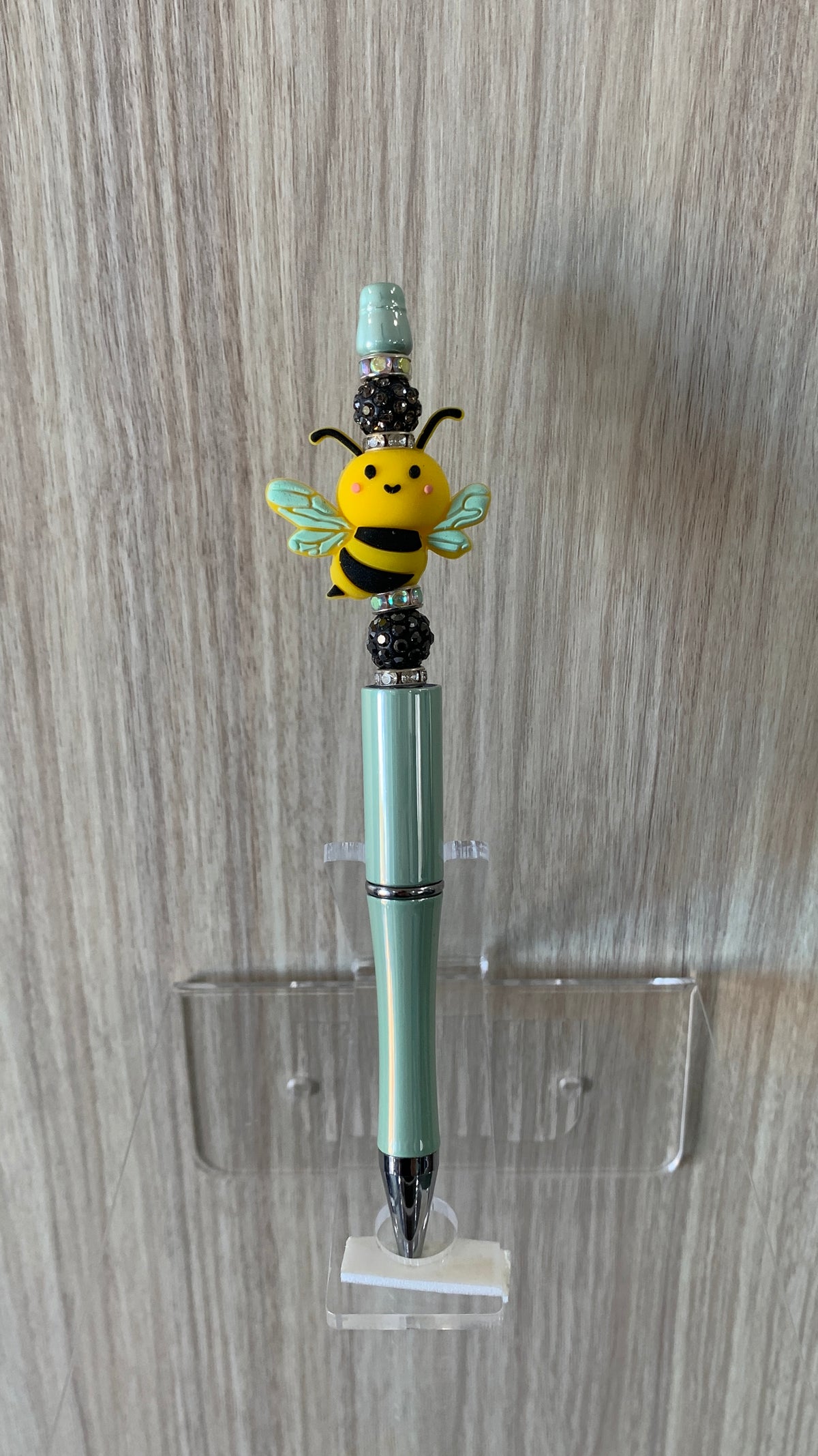 Beaded Pen - Mint Aqua Kawaii Bumblebee Charm Black Glitter Rhinestone Ball Beads