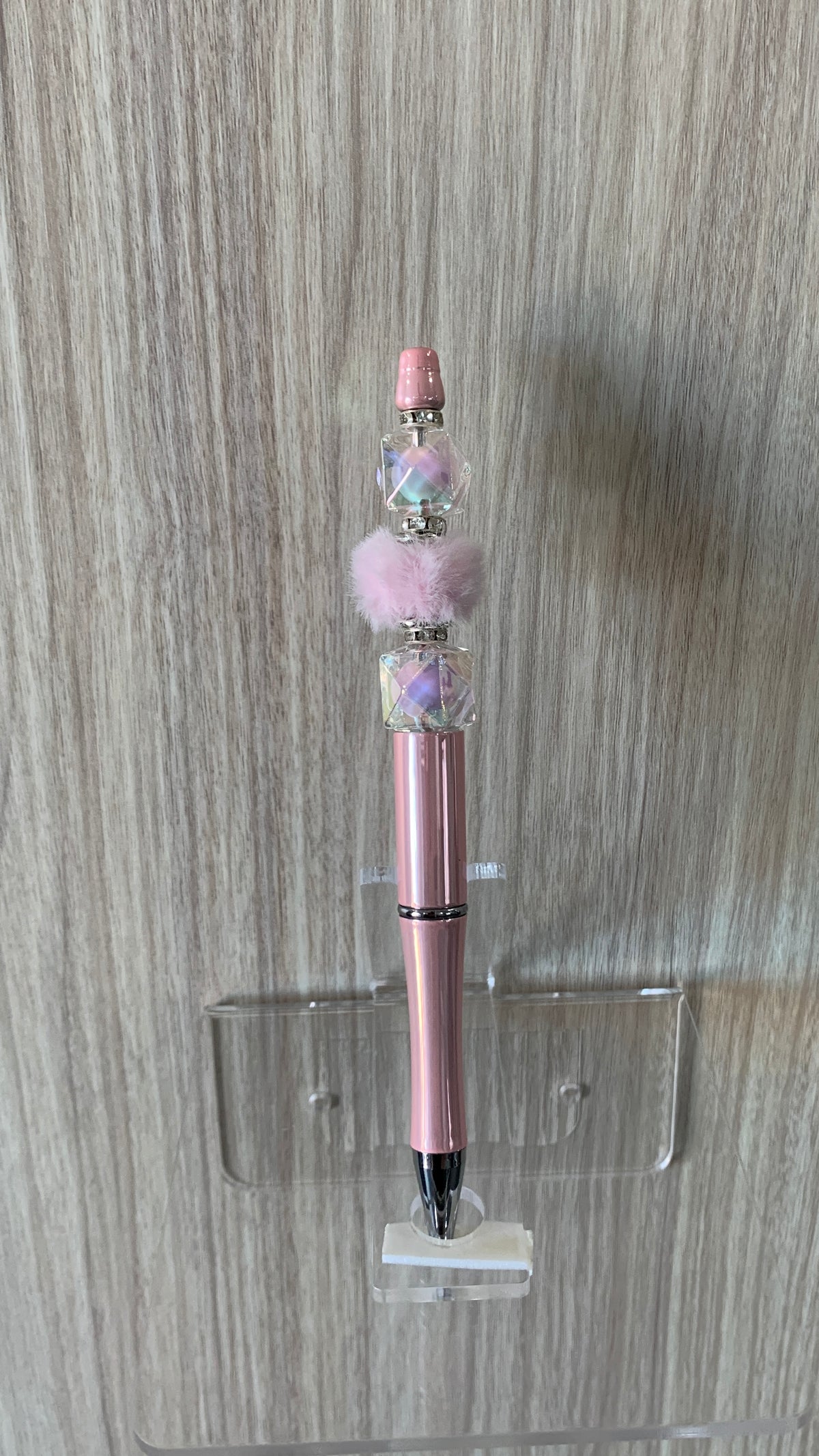 Beaded Pen - Blush Pink Iridescent AB Crystal Cube Beads Fluffy Pink Pom Pom