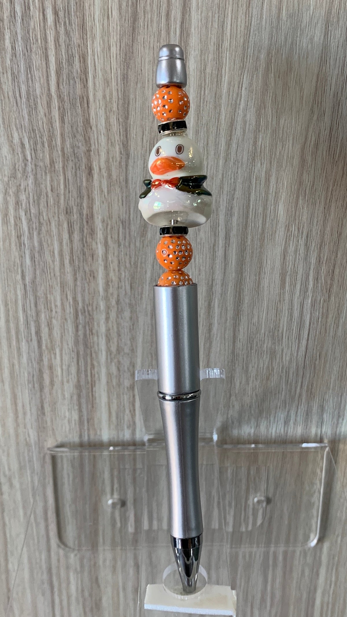 Beaded Pen - Silver White Duck Charm Orange Textured Ball Beads