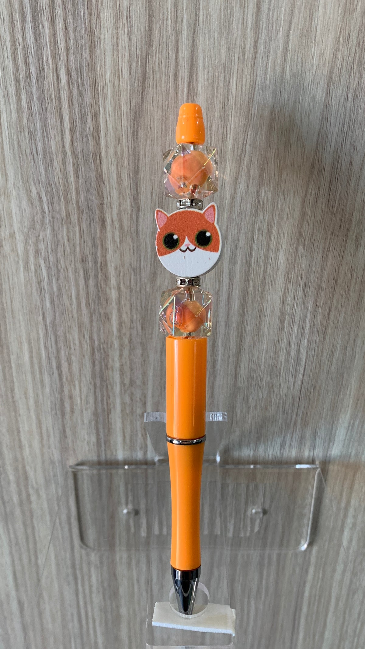Beaded Pen - Orange Kawaii Cat Face Charm Clear Iridescent Crystal Cube Beads