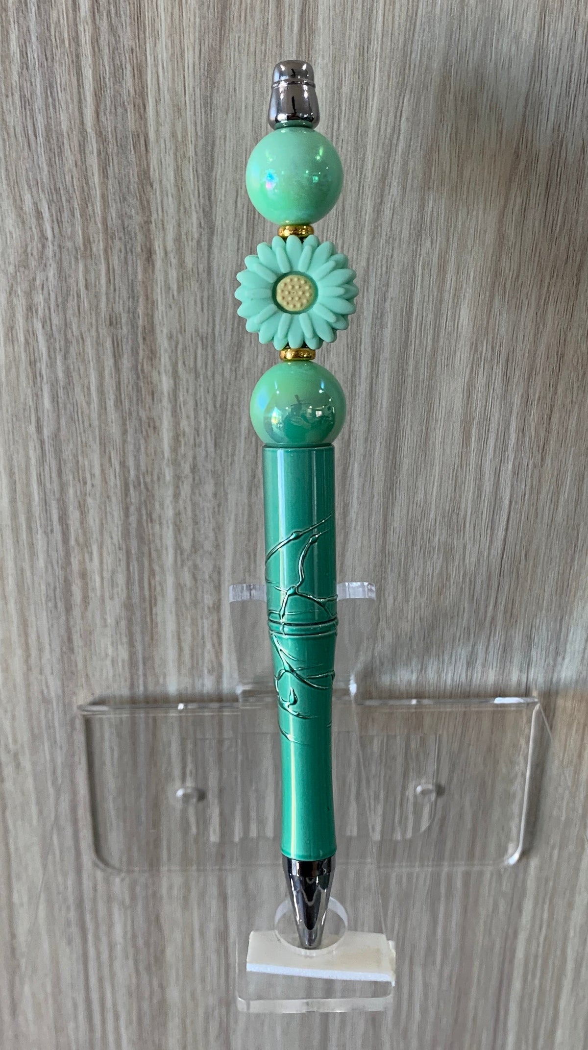 Beaded Pen - Teal Mint Daisy Flower Bead Soft Mint Opal Ball Beads Gold Accents