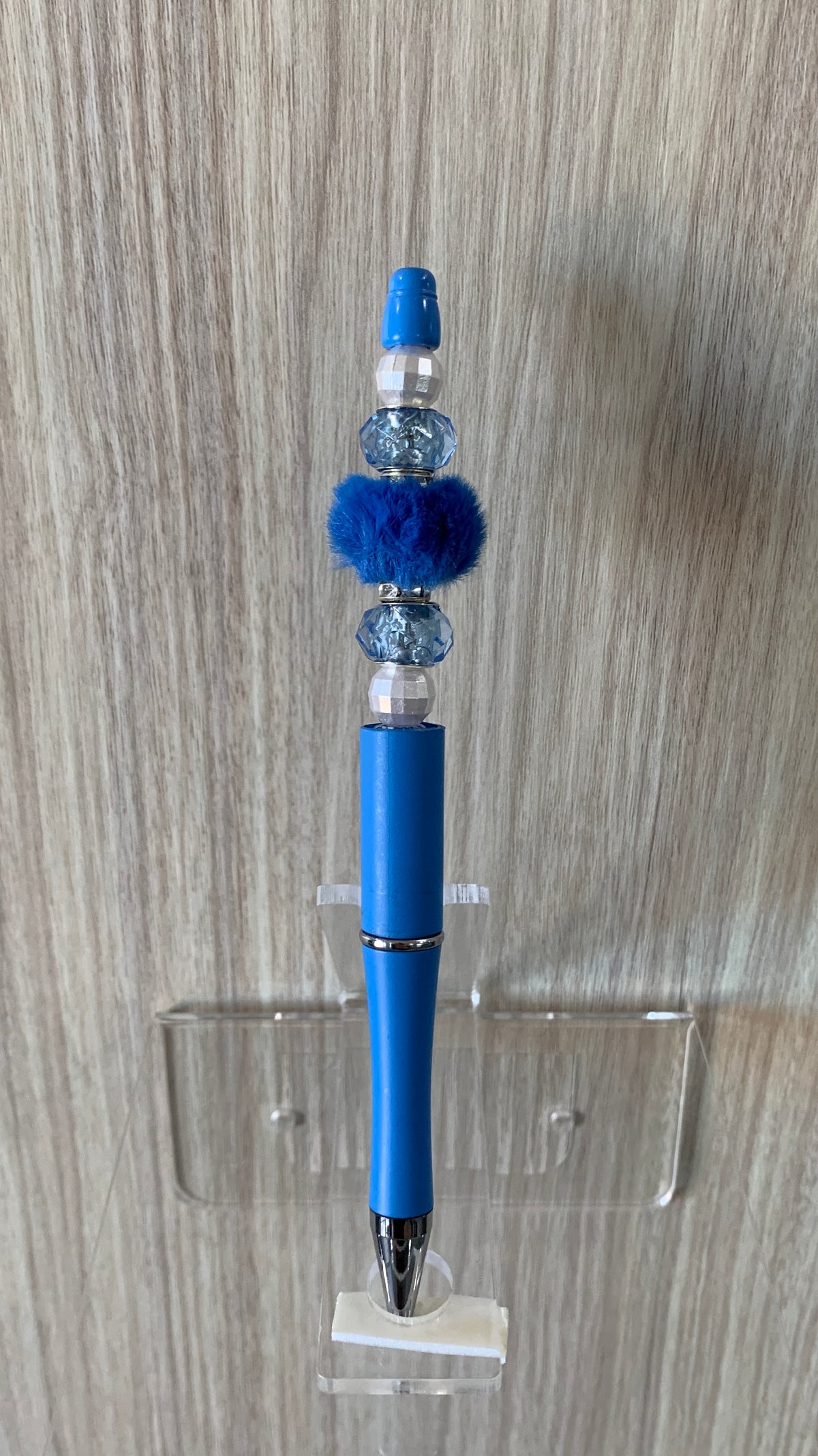 Beaded Pen - Sky Blue Fluffy Royal Blue Pom Pom Bead Clear Crystal Cube Beads White Pearl Beads