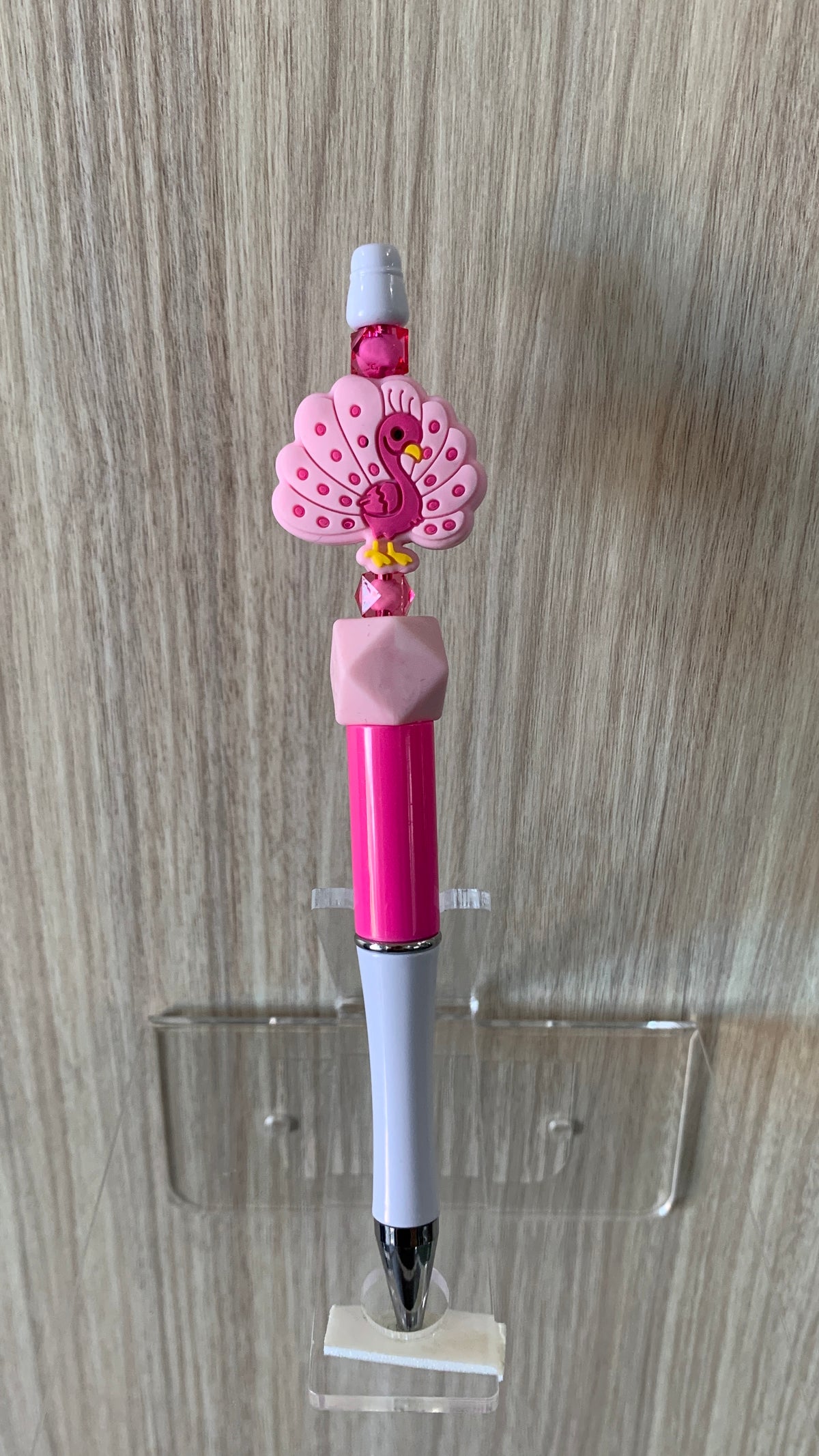 Handmade Flamingo Charm Beaded Pen – Hot Pink & White