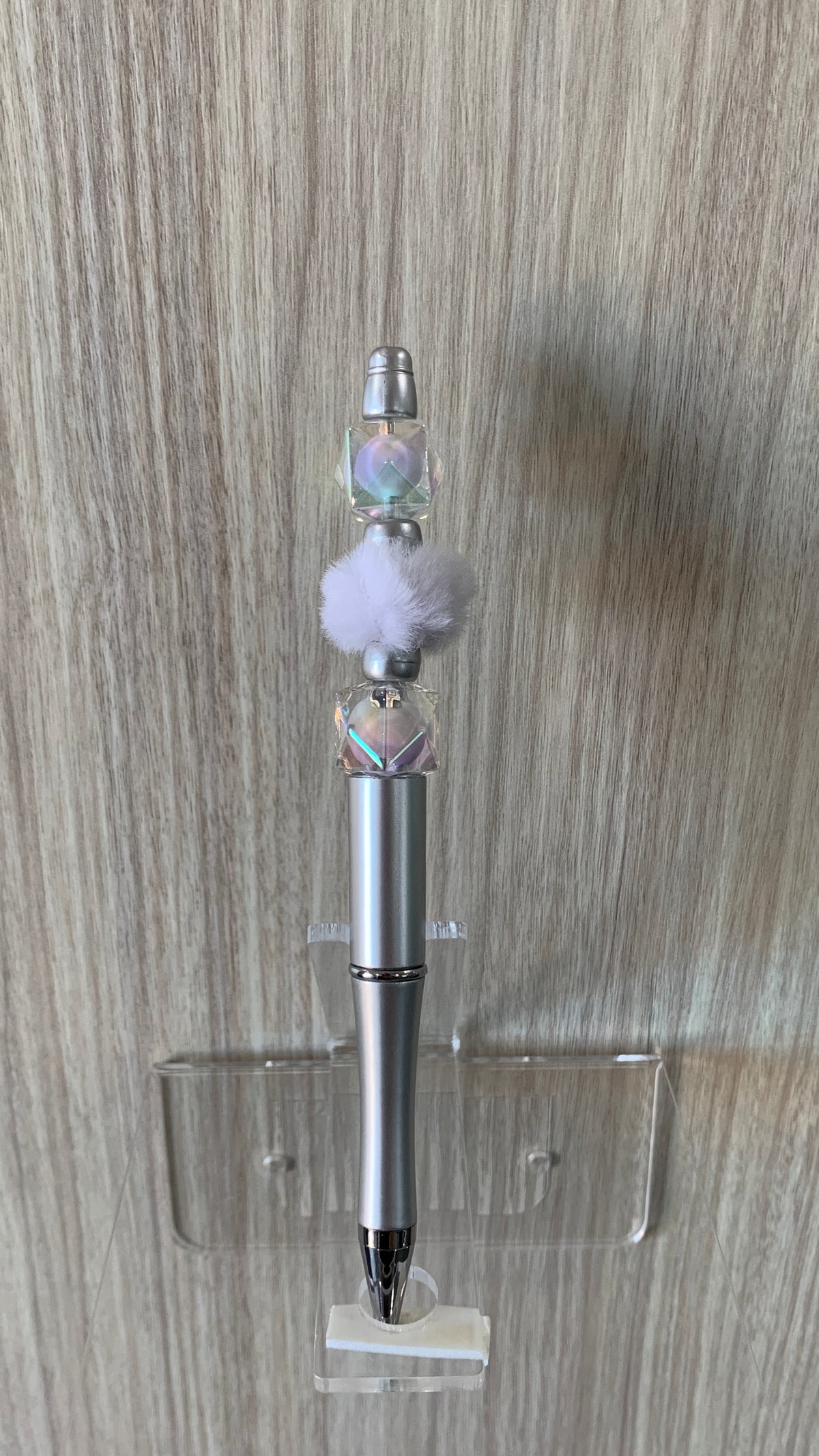 Handmade Iridescent Crystal & Fluffy Pom Pom Beaded Pen – Silver