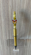 Beaded Pen - Shimmery Gold Orange Coral Butterfly Charm Yellow Rhinestone Disco Ball Bead Sage Oval Beads