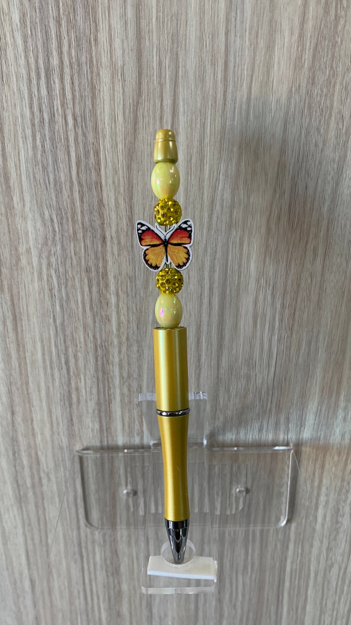 Beaded Pen - Shimmery Gold Orange Coral Butterfly Charm Yellow Rhinestone Disco Ball Bead Sage Oval Beads
