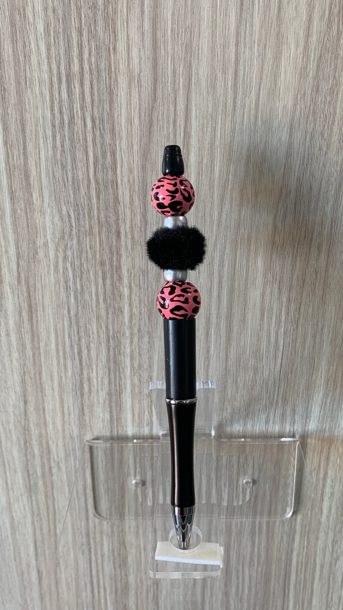 Beaded Pen - Matte Black Pink Leopard Print Ball Beads Fluffy Black Pom Pom Bead