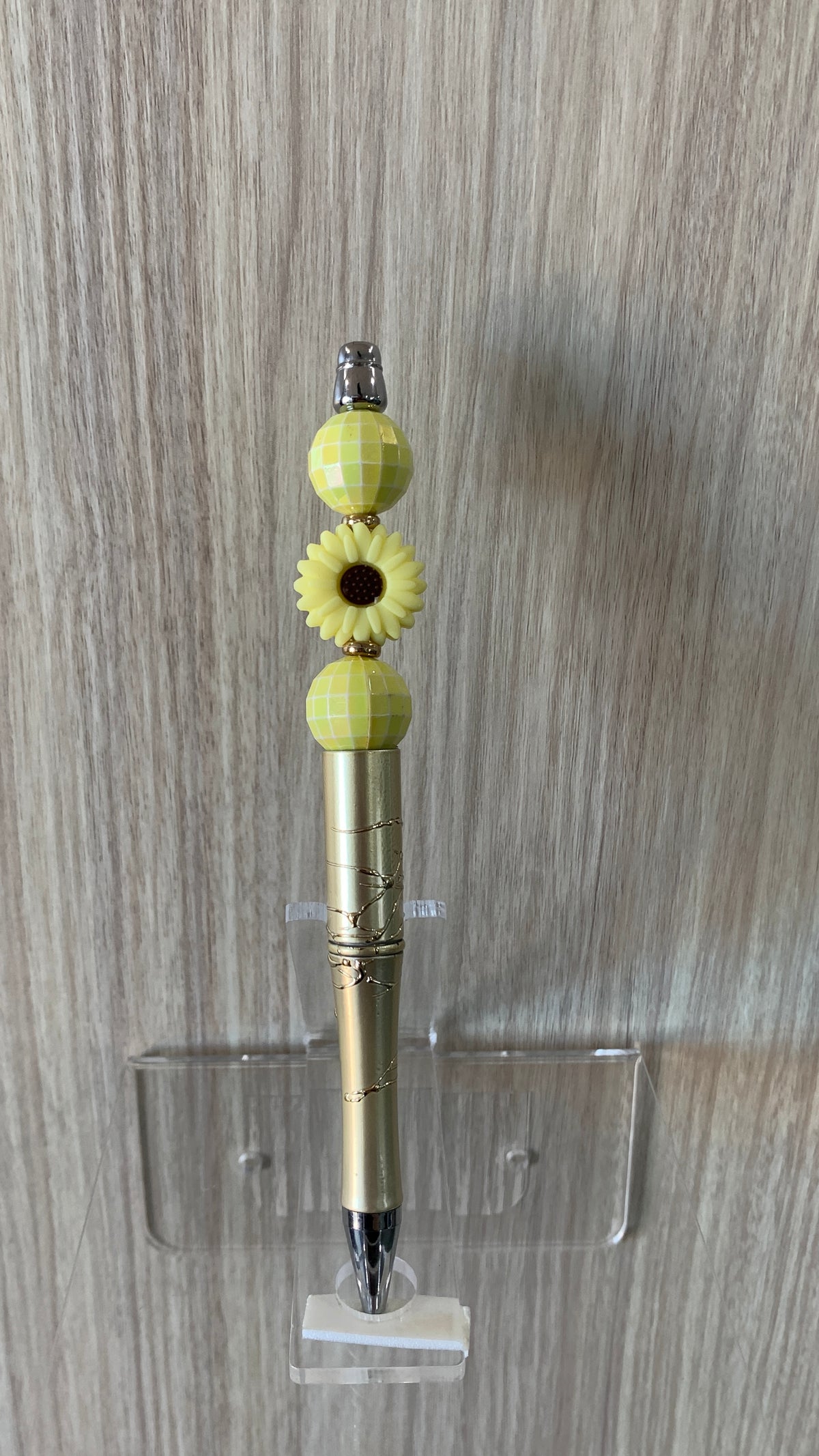 Beaded Pen - Gold Glitter Yellow Daisy Flower Bead Pale Yellow Faceted Ball Beads