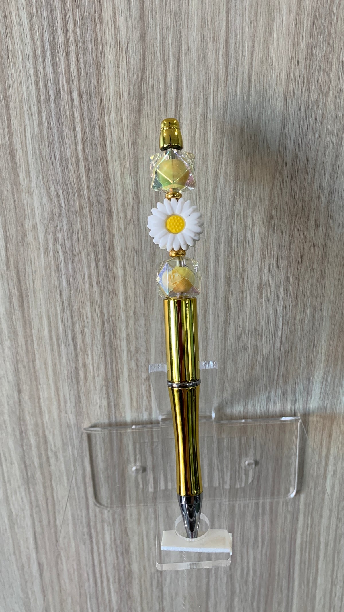 Beaded Pen - Shiny Gold White Daisy Flower Bead Iridescent AB Crystal Cube Beads