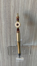 Beaded Pen - Gold White Daisy Flower Bead Burgundy Faceted Beads Rose Gold Rhinestone Rings