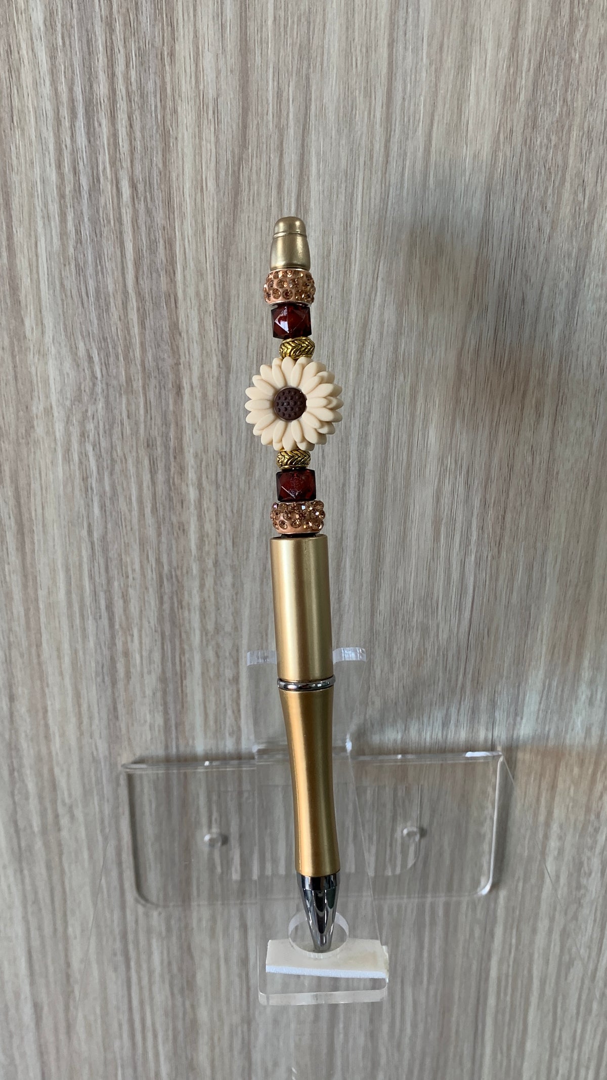 Beaded Pen - Gold White Daisy Flower Bead Burgundy Faceted Beads Rose Gold Rhinestone Rings