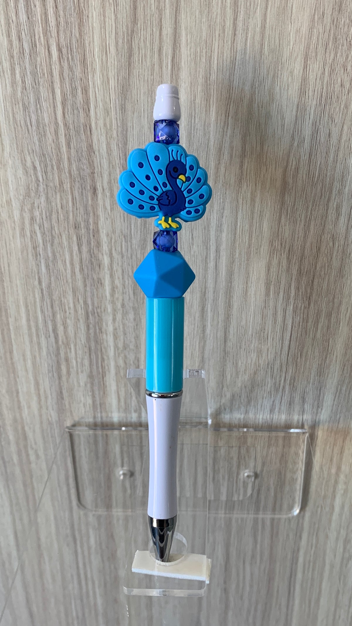 Handmade Peacock Charm Beaded Pen - Sky Blue & Navy