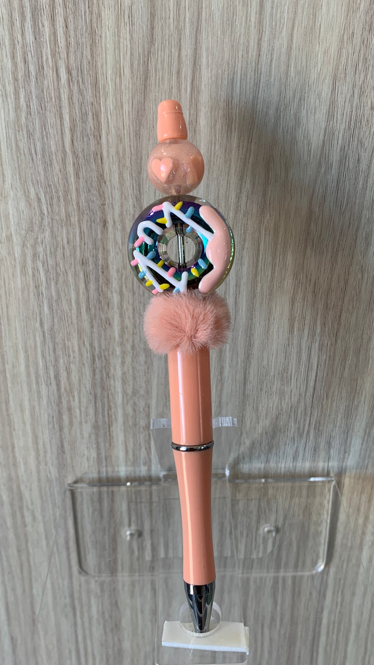 Handmade Confetti Donut & Fluffy Pom Pom Beaded Pen - Peach