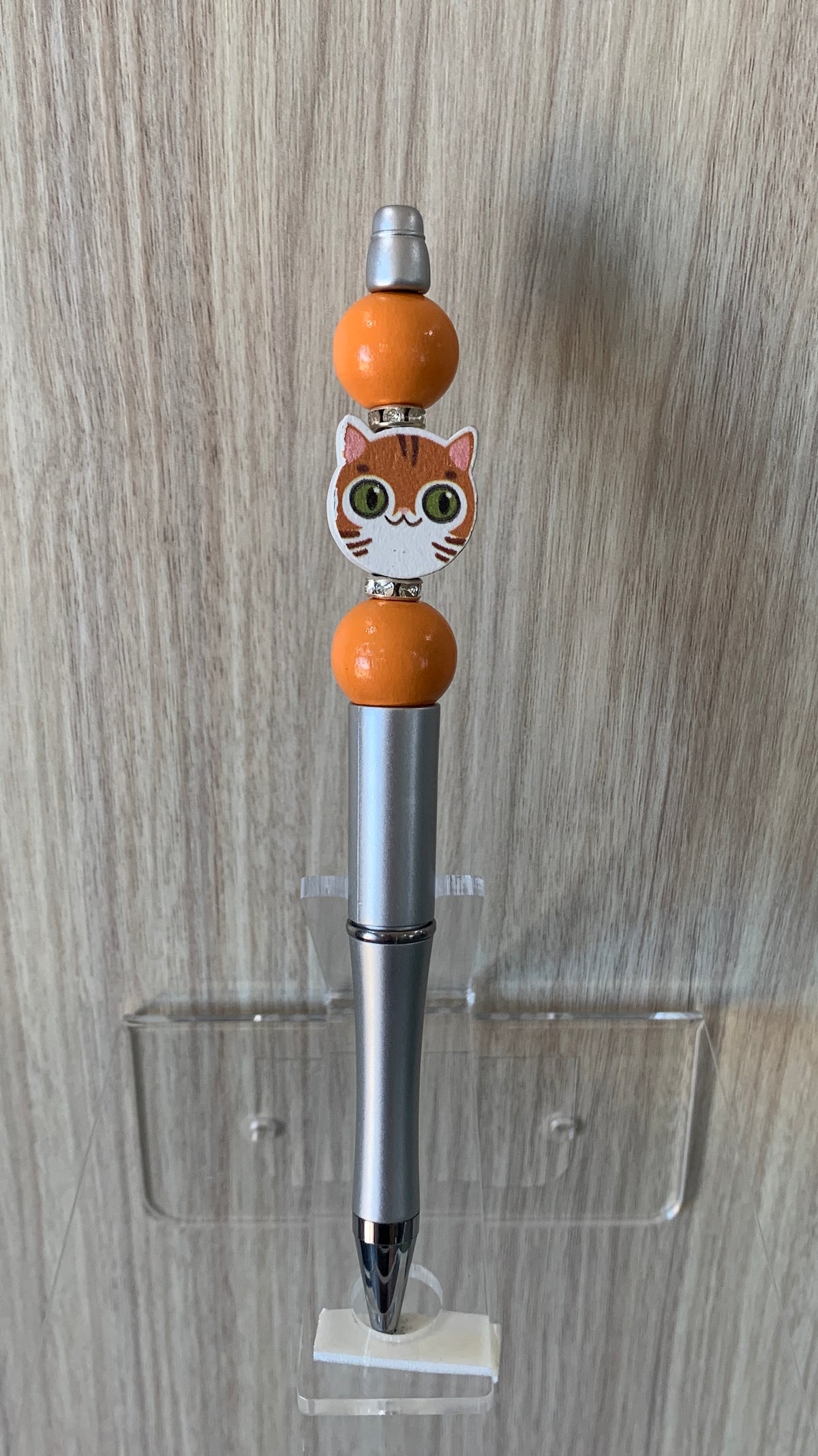 Handmade Ginger Cat Charm Beaded Pen – Silver & Orange