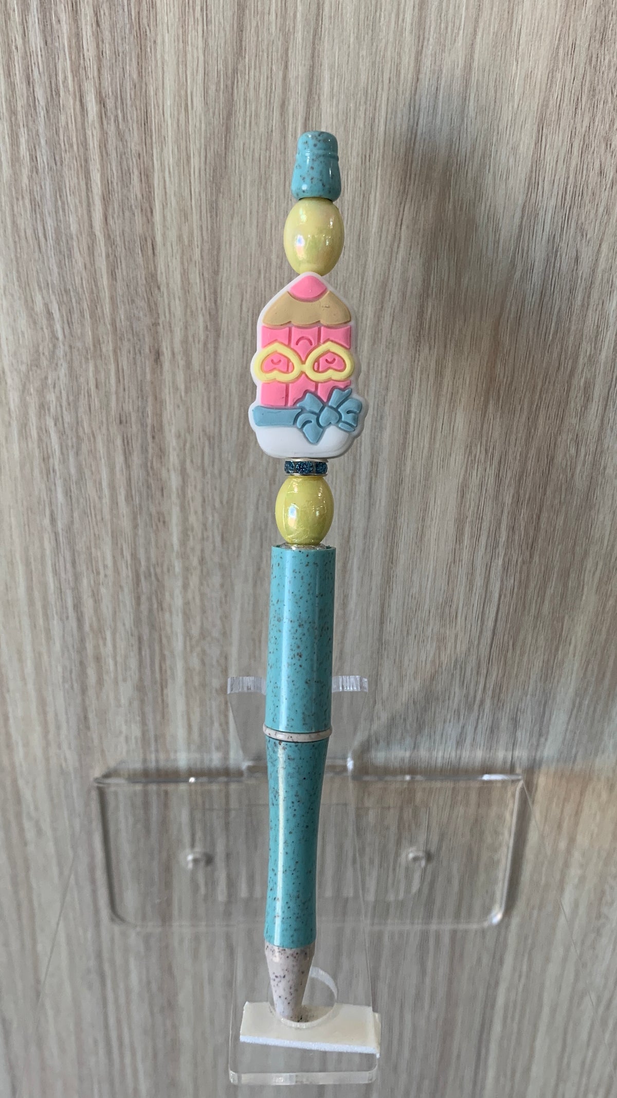 Handmade Gingerbread House Charm Beaded Pen - Sky Blue & Cream